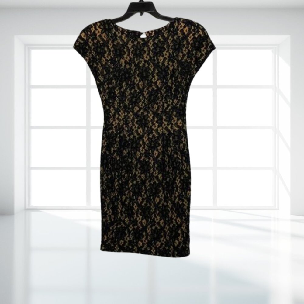 Carmen Marc Valvo Black Gold Lace Beaded Formal Dress Gown Size 6 Designer - Picture 2 of 12